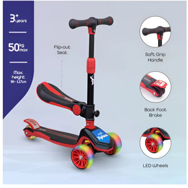 MOON Xplora Foldable And Height Adjustable Kids 3 Wheel Scooter with Seat -Red alternate
