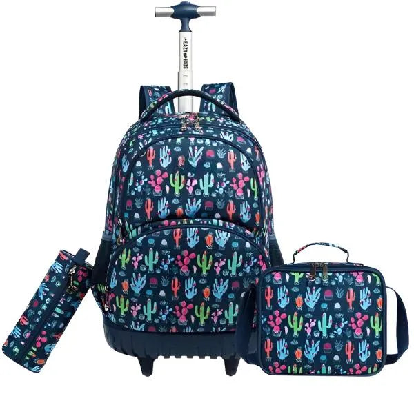 Jasminestar School Trolley Bag And Lunch Bag & Pencil Case - Cacti Blue Design