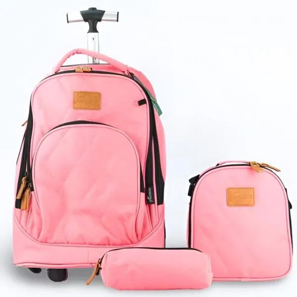 Jasminestar School Trolley Bag With Lunch Bag & Pencil Case- Quilted pink Design