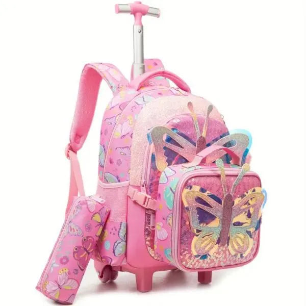 JasmineStar School Trolley Backpack Bag with Lunch Bag & Pencil Case - Butterfly Edition