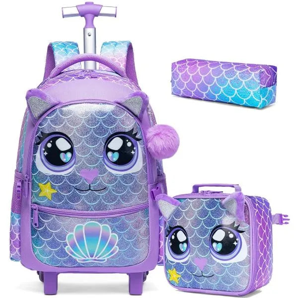Jasminestar Glitter Kitty School Trolley Backpack Bag with Lunch Bag & Pencil Case