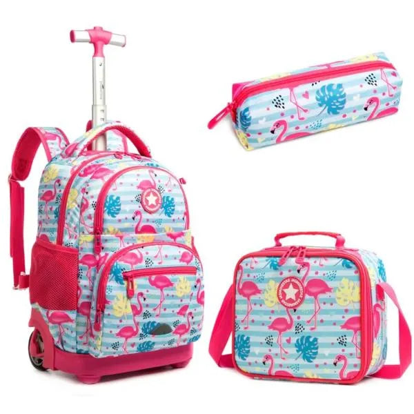 Jasminestar Flamingo Design School Trolley Backpack Bag with Lunch Bag & Pencil Case
