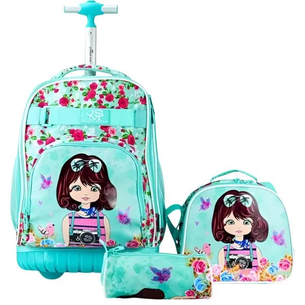 Jasminestar Floral Girl Design School Trolley Backpack Bag with Lunch Bag & Pencil Case