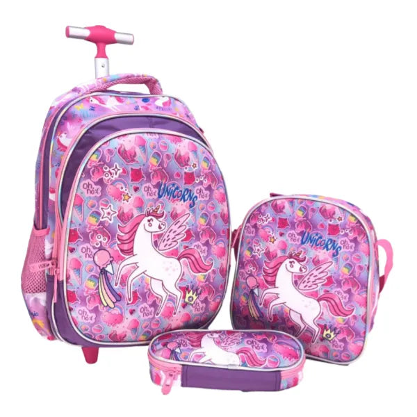 I-Kola 17 Inches  Unicorn Theme  School Trolley Bag With Back Pack 3 Pieces Set