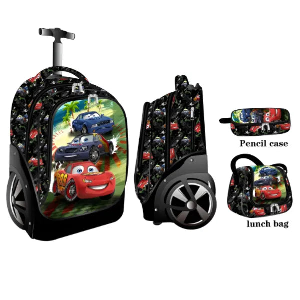 Car Themed Big Wheel Trolley School Bag With Lunch Bag And Pencil Case - 3 Pieces