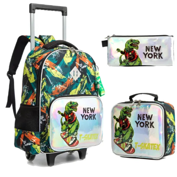 Dinosaur Theme School Trolley Bag With Back Pack 3 Pieces Set