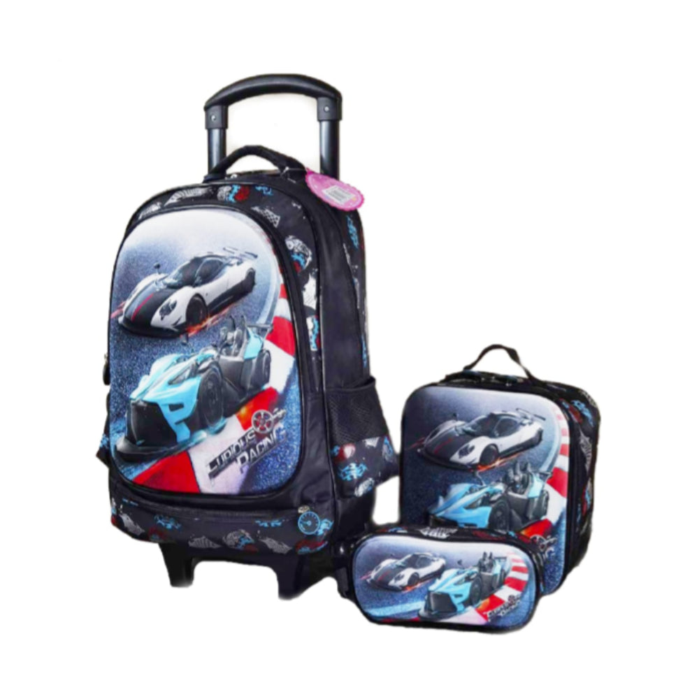 IKola Trolley Bag Backpack 3D Car Printed 3Pcs Set & Small Wheel