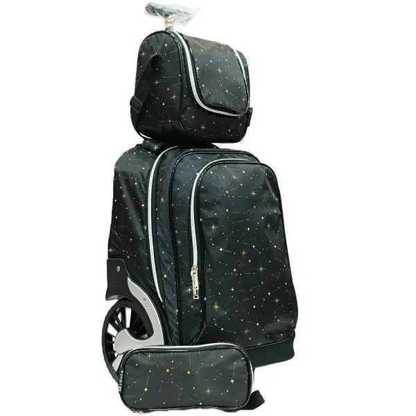 I-kola Black With Star Design School Trolley Bag With Lunch Bag & Pencil Case