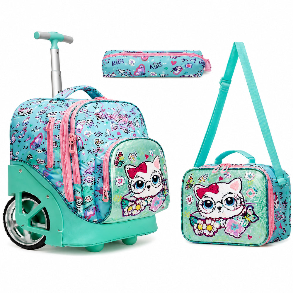 Jasmine Star Cute Cat Big-Wheel Trolley School Bag Set With Lunch Bag & Pencil Case – 18 Inch