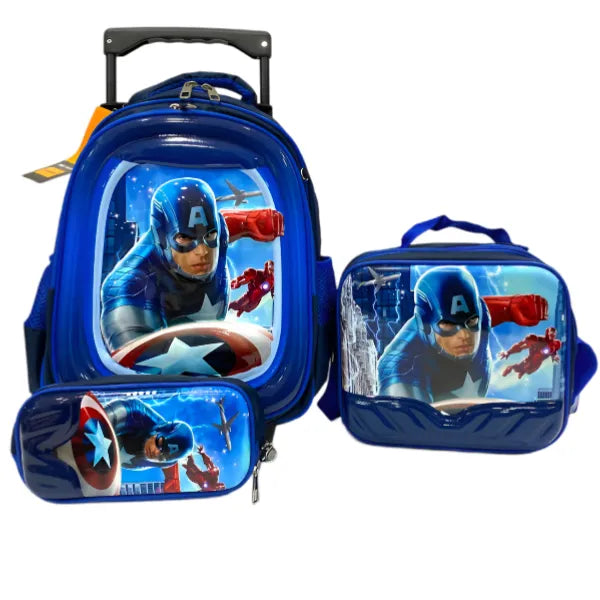 Vsmart Captain America 3D Small Wheel School Trolley Bag With Lunch Bag And Pencil Case - 3 Pieces