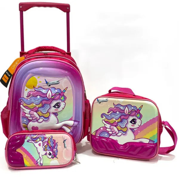 Vsmart Unicorn 3D Small Wheel School Trolley Bag With Lunch Bag And Pencil Case - 3 Pieces