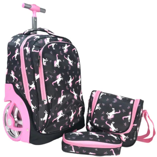 I-kola Unicorn Big Wheel Trolley School Bag With Lunch Bag And Pencil Case - 3 Pieces