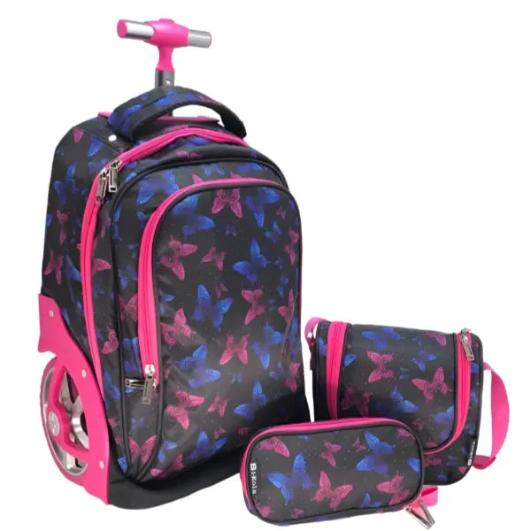 I-kola Butterfly Printed Big Wheel Trolley School Bag With Lunch Bag And Pencil Case - 3 Pieces