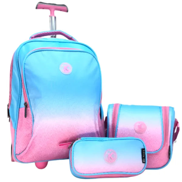 I-Kola Pink and Blue Abstract Design Big Wheel School Trolley Bags -3 Pieces Set -16 Inches