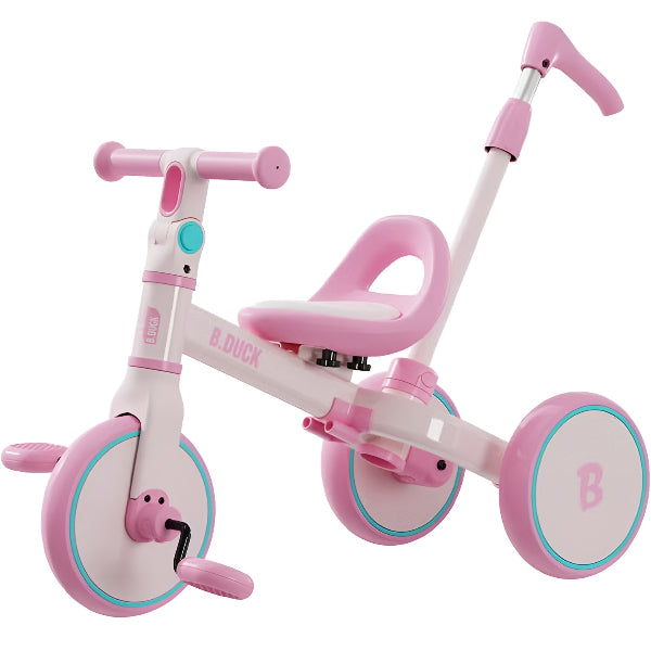 B.Duck 4-In-1 Kids Balance Bike & Tricycle With Push Handle-Pink