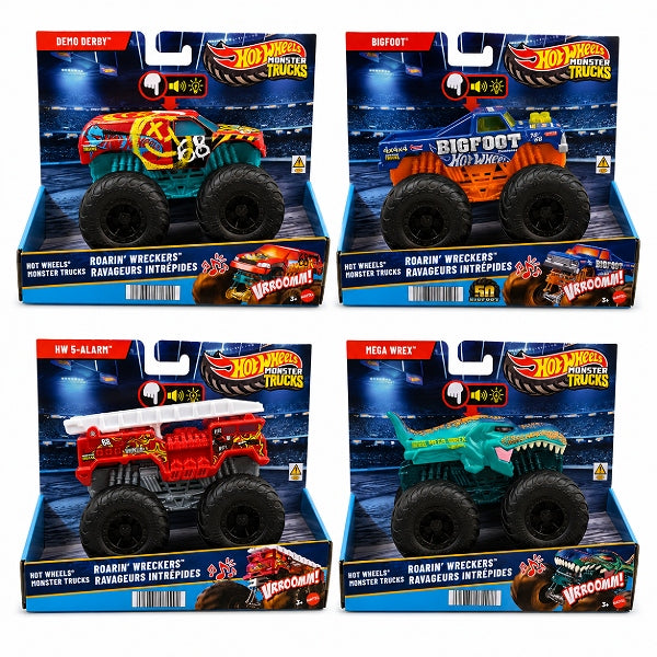 Hot Wheels Monster Trucks Roarin’ Wreckers 1:43 Scale Lights & Sounds Truck – Assorted Single Piece