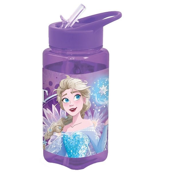 Disney Frozen Elsa Square Water Bottle For Kids 500Ml With Leak-Proof Flip Straw Lid - Purple