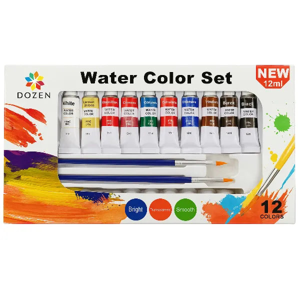 DOZEN Watercolor Paint Set – 12 x 12ml Tubes with Brush Set
