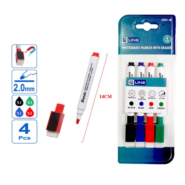 Q Line 4 Colors Whiteboard Marker With Eraser Pack